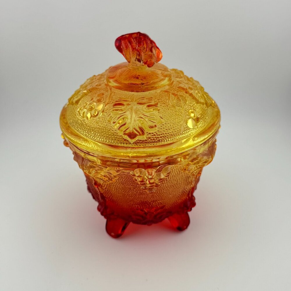 Vintage Jeanette Amberina Harvest Grapes Footed Candy Dish w/Lid Carnival Glass - Picture 7 of 11
